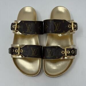 Louis Vuitton Brown Gold Buckle Bom Dia Monogram Flat Slide Sandals 37 Mule